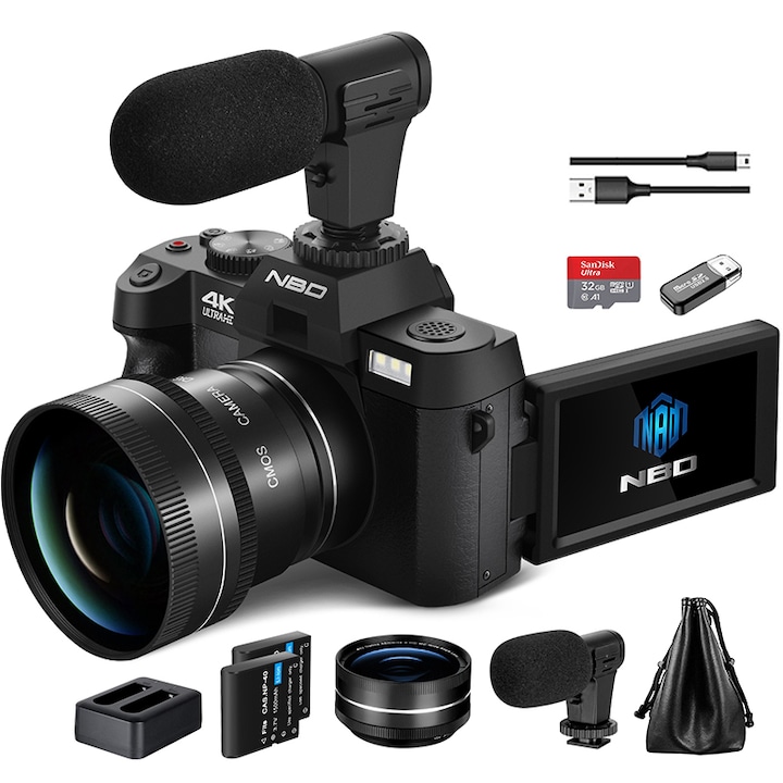 NBD® digitális fényképezőgép, 3,0 hüvelykes IPS, 48 MP, 4K, 32 GB-os SD-kártya, 2 elem, fekete