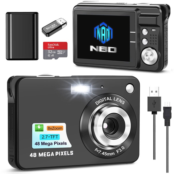 Aparat foto Digital NBD®, 2.7", 48MP, 8X Digital Zoom, 32GB SD Card, Negru