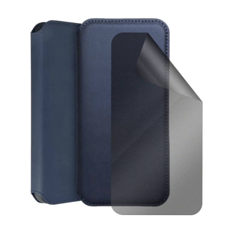 Капак тип книга и комплект силиконово фолио Privacy, съвместим със Samsung Galaxy A03, регенеративен хидрогел, антишпионска защита, кожа със слот за карта, елегантен дизайн, магнитно затваряне, джоб за портфейл, син