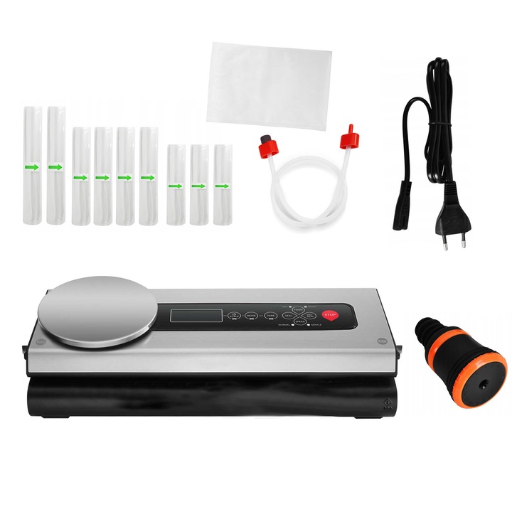 Уред за вакуумиране на мокра или суха храна Zola®, запечатване на бутилка, везна, кънтри функция, 9 ролки фолио с различни размери, 5 вакуумирани торбички, регулируема скорост, мощност 120W, работна температура 0-40 градуса, ниво на вакуум -80kPa