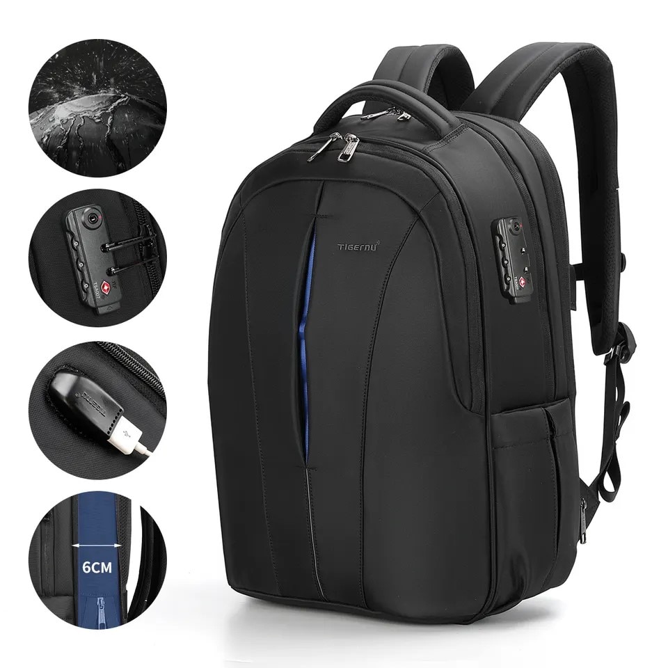 Rucsac laptop 17", smart casual pentru calatorii, expandabil, cu cifru TSA antifurt si port USB, Tigernu, 33x15x48 cm, Negru