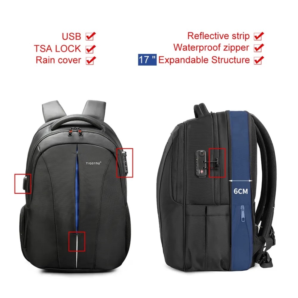 Rucsac laptop 17", smart casual pentru calatorii, expandabil, cu cifru TSA antifurt si port USB, Tigernu, 33x15x48 cm, Negru
