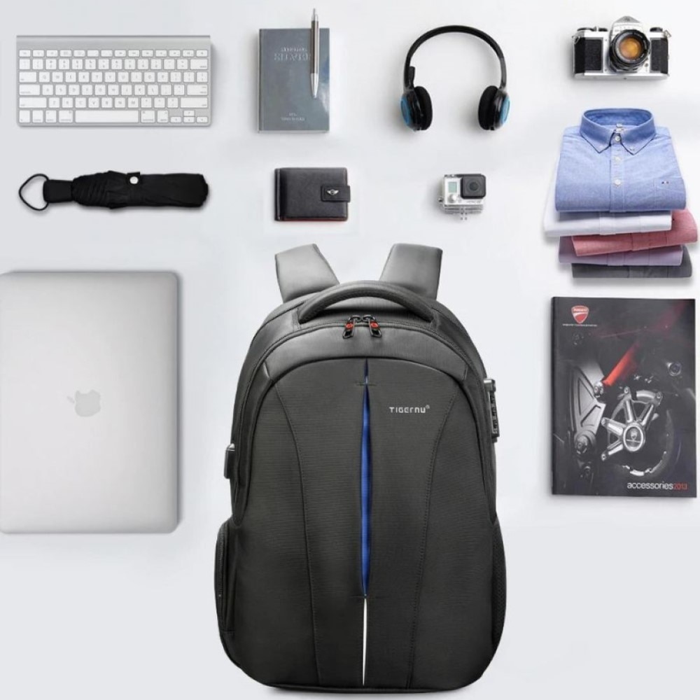Rucsac laptop 17", smart casual pentru calatorii, expandabil, cu cifru TSA antifurt si port USB, Tigernu, 33x15x48 cm, Negru
