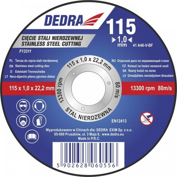 Dedra vágókorong 115x1.5x22.2 mm rozsdamentes acélhoz lapos
