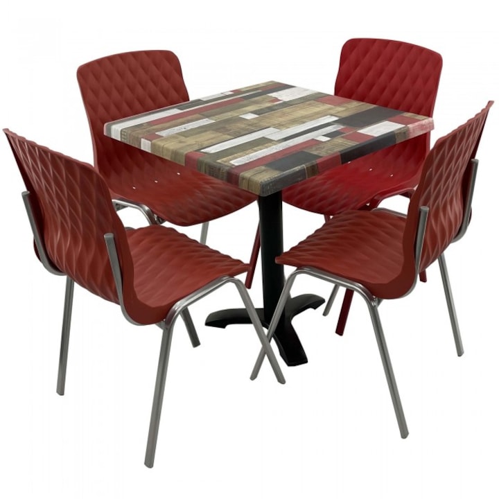 Set mobila de terasa restaurant RAKI Redden Wood masa patrata 70x70cm cu blat werzalit si baza metalica negru, 4 scaune ROYAL rosii