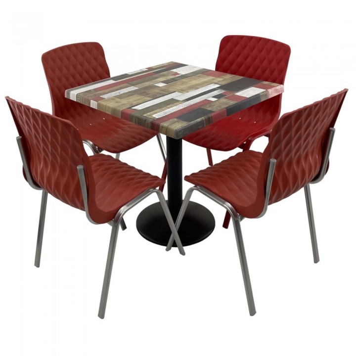 Set mobila de terasa restaurant RAKI Redden Wood masa patrata 70x70cm cu blat werzalit si picior metalic culoare negru, 4 scaune ROYAL rosii