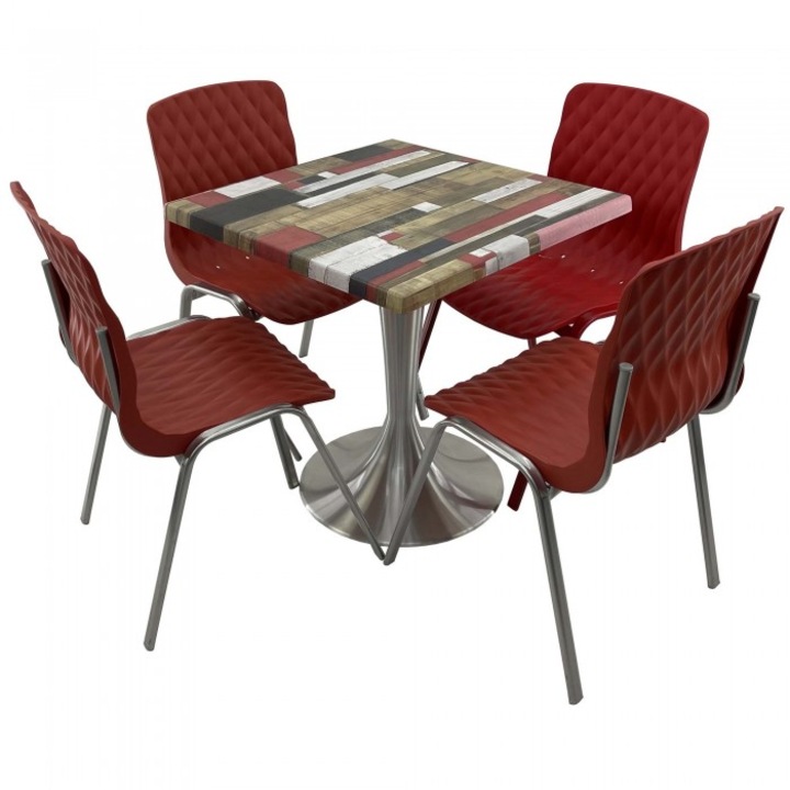 Set mobila de terasa restaurant RAKI Redden Wood masa patrata 70x70cm cu blat werzali si baza din aluminiu, 4 scaune ROYAL rosii