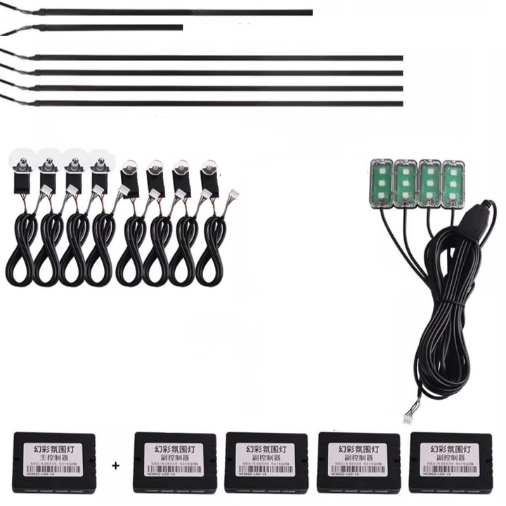 Lumini Ambientale Tucrim cu LED interior Sumphony 18 in 1 pentru Fata usa, Bord, Manere, Podea, Control din aplicatie Bluetooth, Banda neon tip El Wire