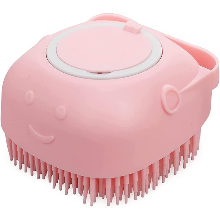Perie de spalat Fish & Paws ® pentru caini si pisici cu rezervor incorporat de sampon din silicon multifunctionala de ingrijire pentru animale de companie, ideala pentru masaj si curatarea blanii, Roz