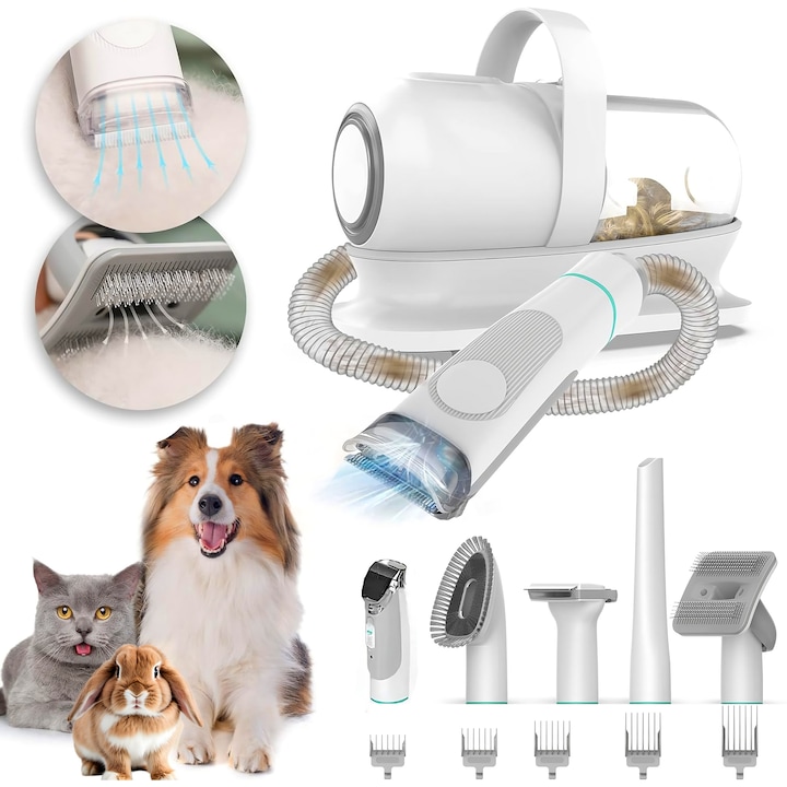 Masina De Tuns Animale, Caini, Pisici Fish & Paws ® Aspirator Set 5 in 1 pentru toaletarea si ingrijirea animalelor de companie, kit cu 5 capete si 5 accesorii incluse pentru perierea, descurcarea si aspirarea parului, 3 Trepte de viteza, Alb, Volum 1L