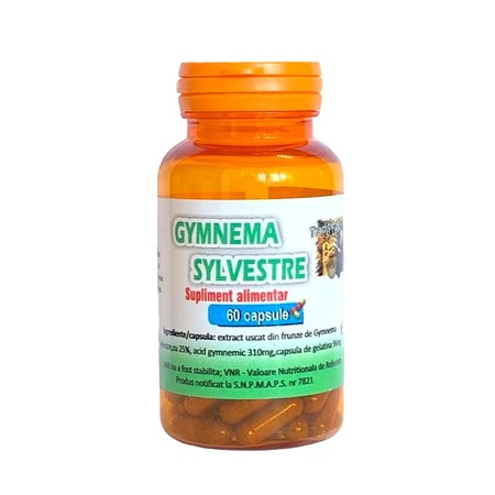 Supliment alimentar diabet Gymnema Sylvestre, 60 capsule, util in glicemie crescuta, obezitate, diuretic, laxativ usor