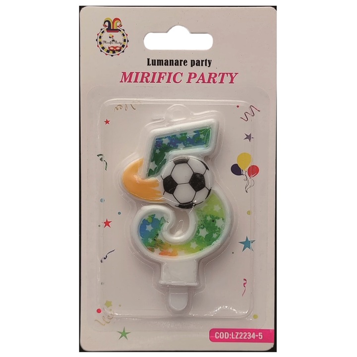 Lumanare tort fotbal, 8.5 cm, cifra 5