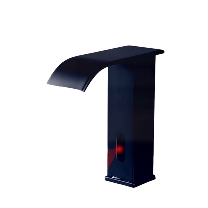 Безконтактен безжичен смесител за мивка, подходящ за баня или кухня, модерен дизайн, черен цвят, едноръкохватков, неръждаема стомана, тип водопад, подарък комплект от 5 гъби за съдове