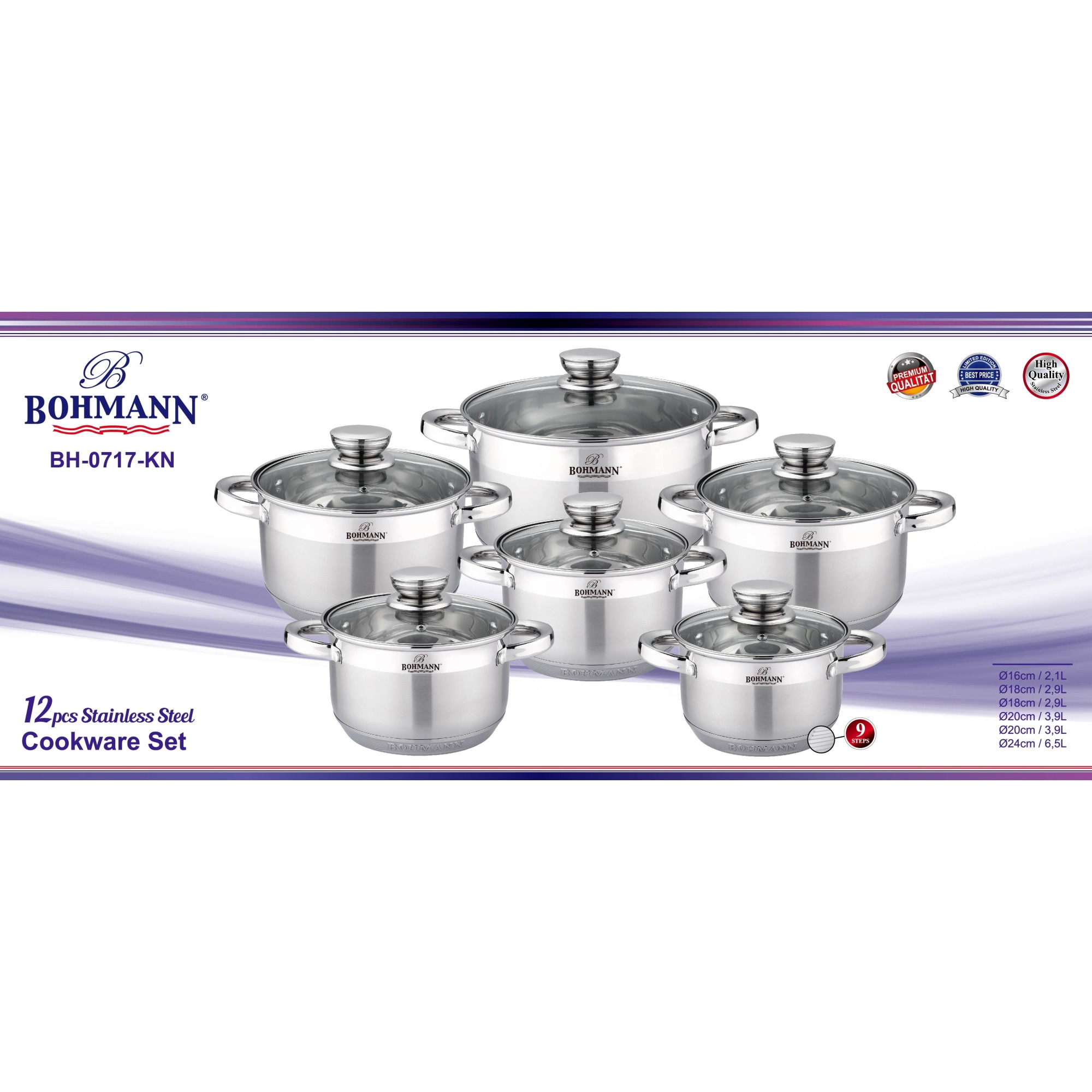 Bohmann 12 Részes Inox Edénykészlet, 9 réteg, üvegfedéllel, Indaktió ...