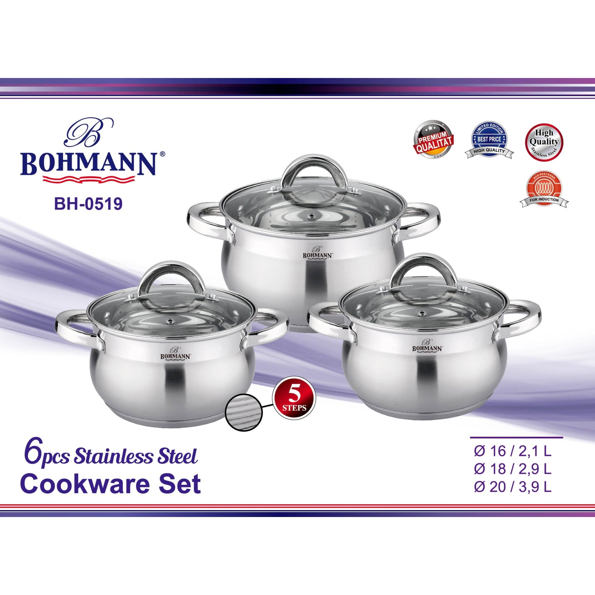 Bohmann 6 Részes Inox Edénykészlet, 5 réteg, üvegfedéllel - eMAG.hu