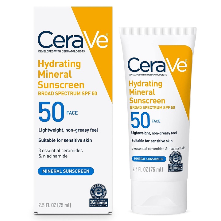 Крем за лице, CeraVe, Минерален слънцезащитен крем, с хиалуронова киселина, серамиди и цинков оксид, за чувствителна кожа, срещу UVA и UVB, SPF50, 75 ml