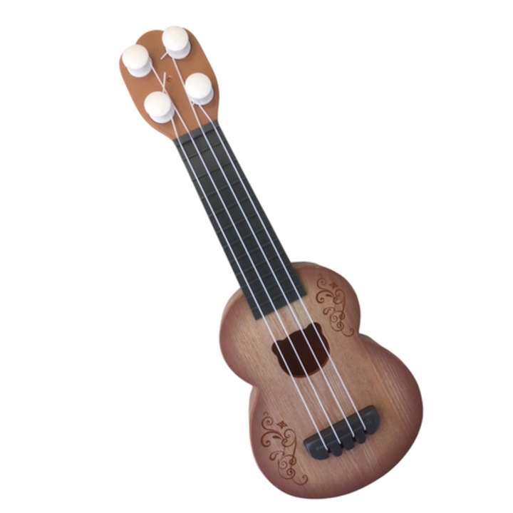 Mini ukulele gyermekeknek mackófej formájú hanglyukkal - világos fa hatású mintával