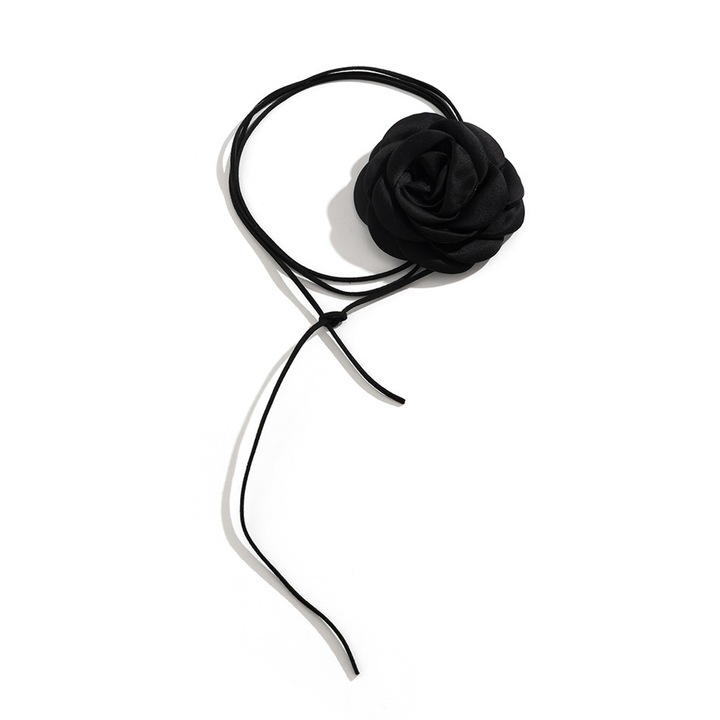 Colier choker, negru, cu floare si snur, Halina C1, Pursehuit