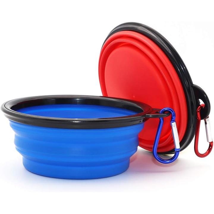 Boluri pliabile de apa si mancare, pentru animale, hranire si hidratare pentru caini si pisici, portabile, perfecte pentru calatorii, plimbari, carabiniere incluse, din silicon, Albastru si Rosu, Set, Fish & Paws ®