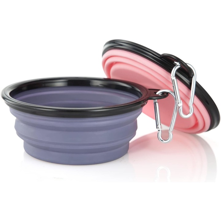 Boluri pliabile de apa si mancare, pentru animale, hranire si hidratare pentru caini si pisici, portabile, perfecte pentru calatorii, plimbari, carabiniere incluse, din silicon, Roz si Mov, Set, Fish & Paws ®