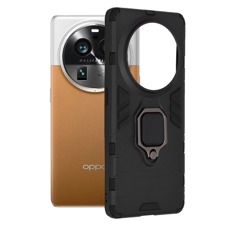 Калъф COMANDO Armor Ring, съвместим с Oppo Find X6 Pro, Tactical Defense Protect, Hybrid Antishock, Интегрирана метална пластина за закрепване на стойка за кола, въртящ се на 360 градуса пръстен, PVC и PC, черен