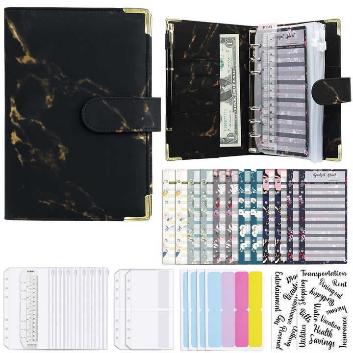 Agenda organizator pentru bani, QttvbTna, piele ecologica, accesorii incluse, 19x13cm, negru/auriu