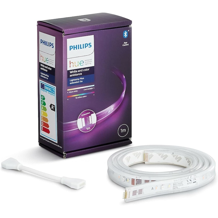 Banda Led Smart EXTENSIE 1m, Philips Hue Lightstrip Plus, LED RGB 11.5W, White and Color Ambiance Lightstrip, Bluetooth (extensie pentru kitul de baza 2m) Control vocal si din aplicatie