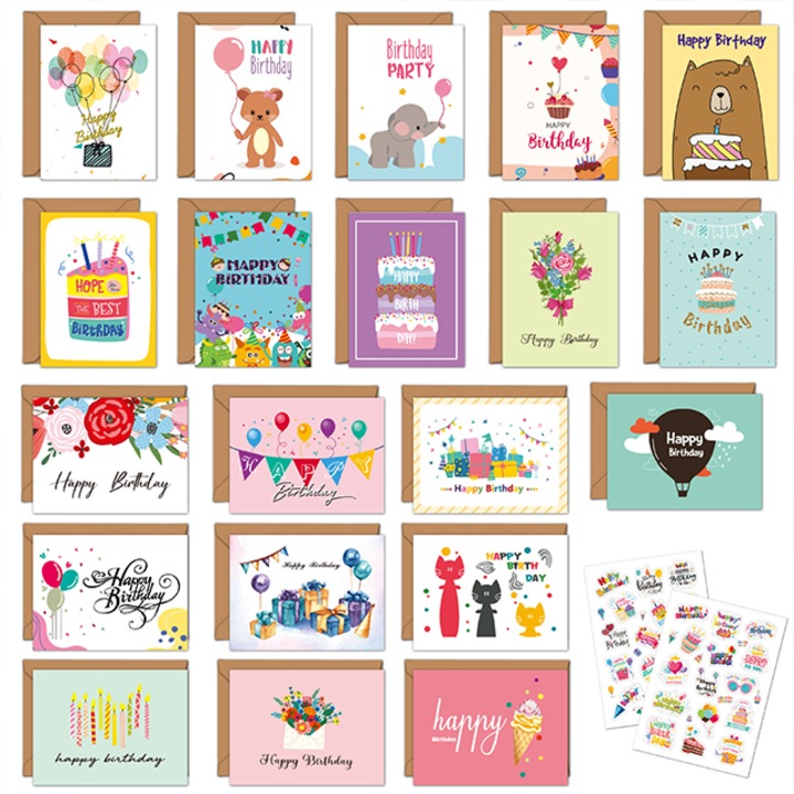 Комплект от 20 картички за рожден ден, Notekisskai, с пликове, 4x6 инча, многоцветни