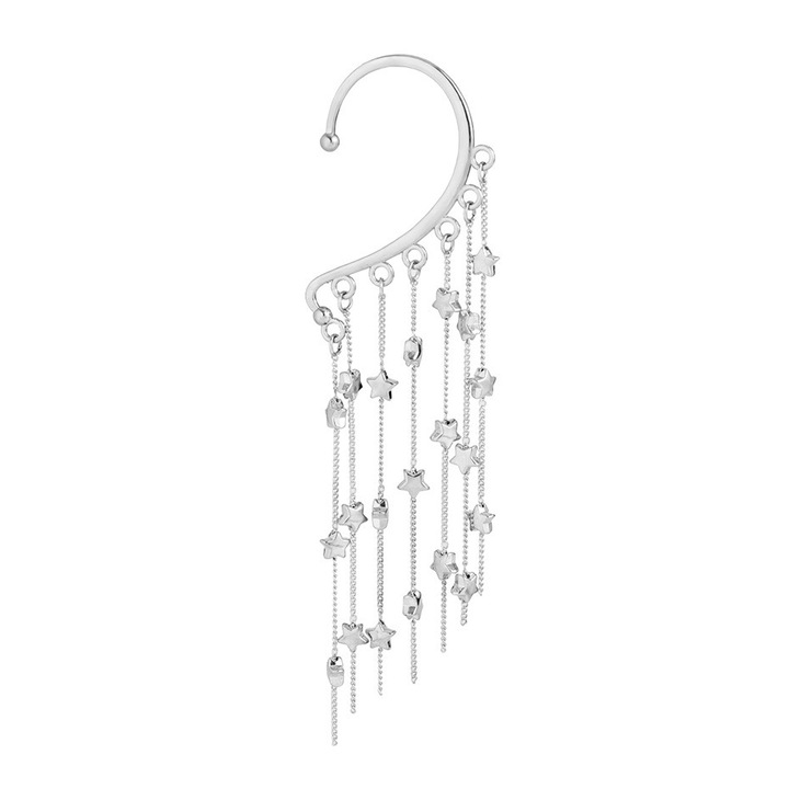 Cercel ear cuff, argintiu, cu franjuri si stelute, Hardi C4, Pursehuit