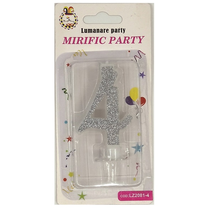 Lumanare tort argintiu cu sclipici, 6 cm, cifra 4