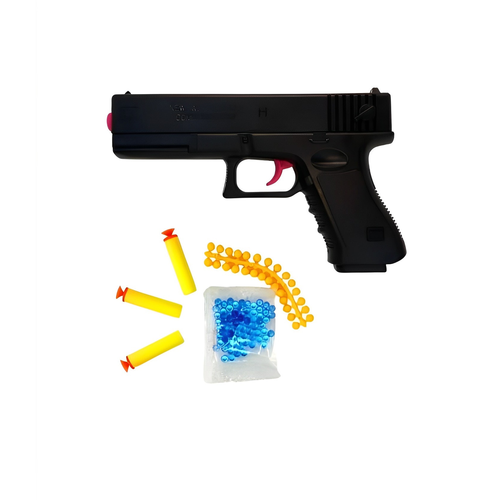 Пистолет играчка, 4 в 1, дунапренов куршум, гумен куршум, сачма, мишена за  стрелба, черен, 19 см 