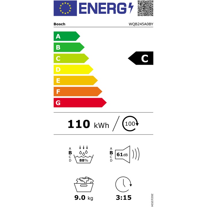 Uscator de rufe Bosch Seria 8 WQB245A0BY, Pompa de caldura, 9 kg, 15 programe, Home Connect, Iluminare interioara, Iron Assist, Condensator cu autocuratare, AutoDry Technology, Clasa C, Alb