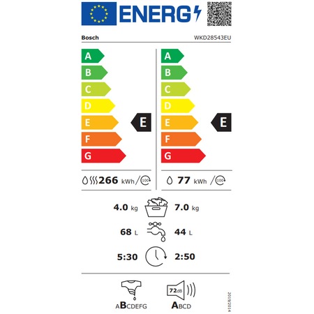 Masina de spalat rufe cu uscator incorporabila Bosch WKD28543EU, 7 kg spalare, 4 kg uscare, 1400 RPM, EcoSilence Drive, Clasa E, 60 cm, Alb