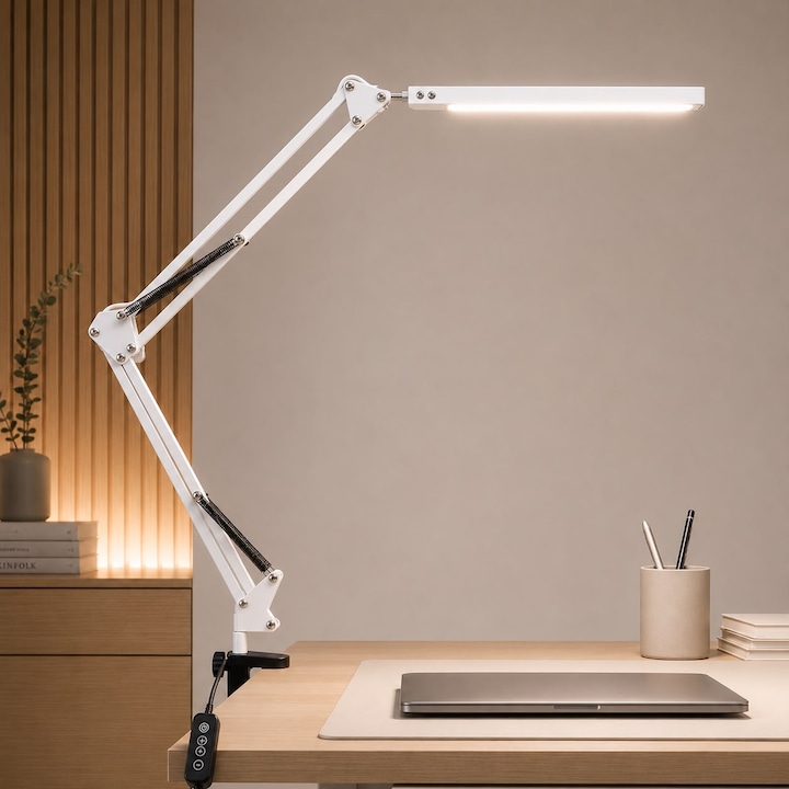 Lampa de birou LED, LittleDomi, Brat Oscilant cu Clema, Inaltime Ajustabila, 3 Moduri de Iluminare, 10 Trepte de Intesitate, Memorie, Protectie Ochi, Temperatura de Culoare Reglabila 2700-6500K, pentru Arhitect, Banc de Lucru, Citire, Relaxare, Alb