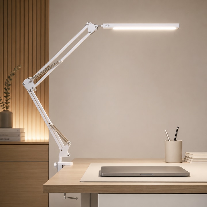 Lampa de birou LED, LittleDomi, Brat Oscilant cu Clema, Inaltime Ajustabila, 3 Moduri de Iluminare, 10 Trepte de Intesitate, Memorie, Protectie Ochi, Temperatura de Culoare Reglabila 2700-6500K, pentru Arhitect, Banc de Lucru, Citire, Relaxare, Alb