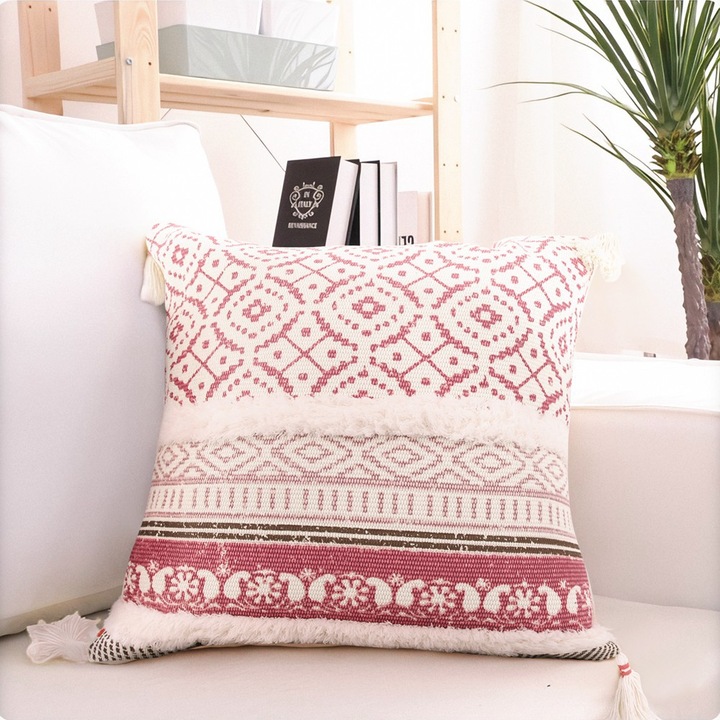 hi-home párnahuzat, boho dekoratív pamut párnahuzat bojtos díszítéssel, szuper puha párnahuzat kanapéra, hálószobába, nappaliba, autóba, 45x45cm (kék), rózsaszín