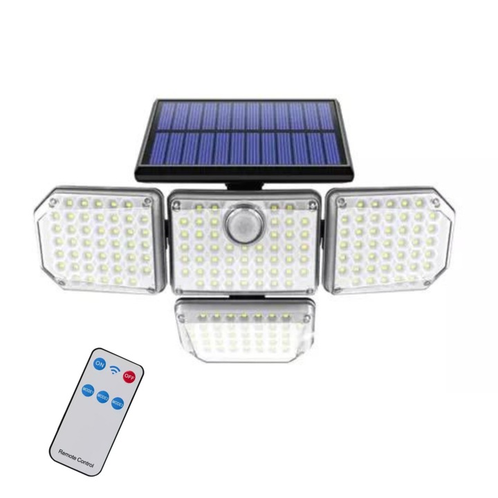 Lampa Solara cu Senzor de Miscare pana la 5M, Telecomanda + 4 Moduri de Operare, 181 LED-uri, Grad de Impermeabilitate IP6 5, Unghi Reglabil, Culoare Neagra