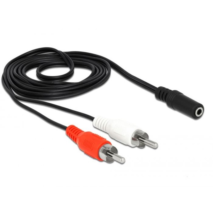 Cablu audio, DeLock, 2 x RCA tata la 1 x mufa stereo de 3.5 mm cu 3 pini, 1.4 m, Negru