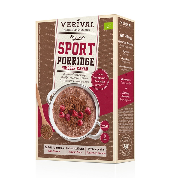 Porridge Zmeura-Cacao pentru sportivi Verival Bio, 400g