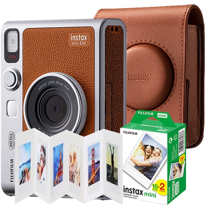 Set aparat foto Fujifilm Instax mini Evo, maro, cu geanta, rama acordeon si film 2x10