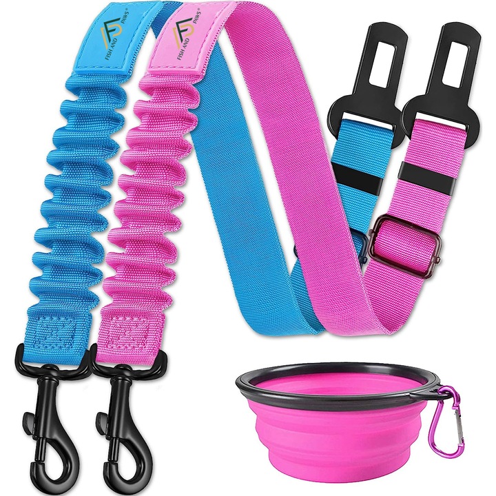Lesa cu centura de siguranta pentru caini sau pisici, ajustabile si retractabile, pentru animalul tau de companie, din nylon durabil si elastic, intre 60cm-86cm, Albastru si Roz, Set cu bol inclus, Fish & Paws ®