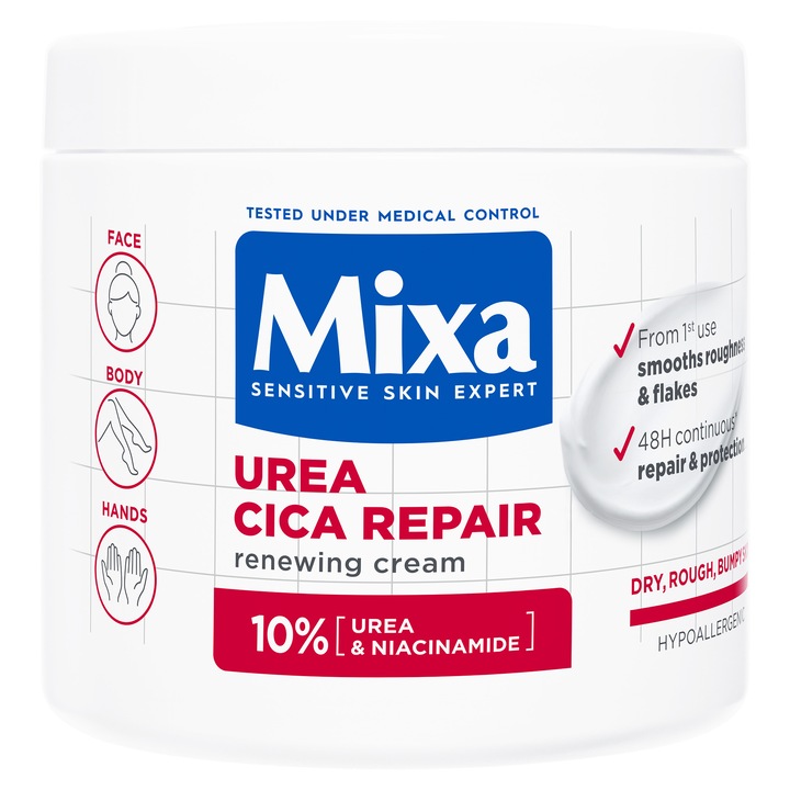 Крем за лице и тяло Mixa Urea Cica Repair, Регенериращ, С 10% урея и ниацинамид, За суха, лющеща се, неравна кожа, 400 мл