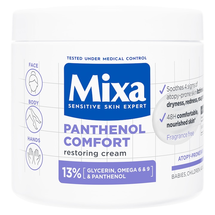 Крем за лице и тяло Mixa Panthenol Comfort, Възстановяващ, С 13% глицерин, Омега 6 и 9 и Пантенол, За реактивна кожа, 400 мл