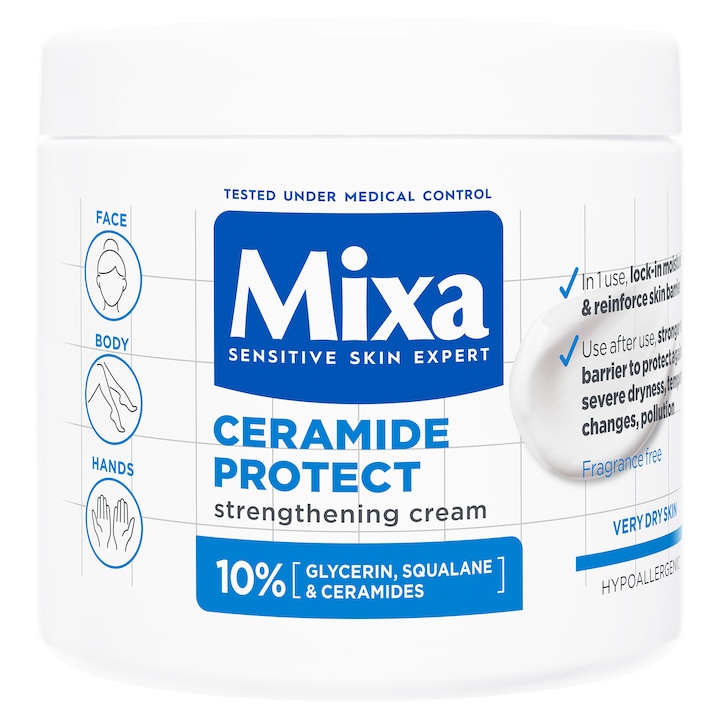 Крем за лице и тяло Mixa Ceramide Protect, С укрепващо действие, С 10% глицерин, сквалан и серамиди, За суха и много суха кожа, 400 мл