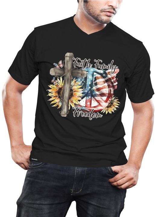 Tricou barbati, Motrix, V-neck - Faith family freedom, negru, L