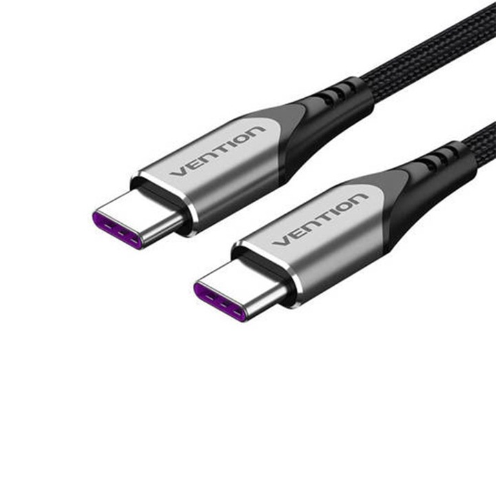 Кабел, Vention TAEHF, USB 2.0 Type-C to Type-C, 5A Fast Charge, 1 метър, Черен цвят