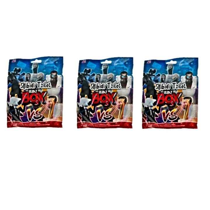 Kit 3 Plicuri Skibidi toilet Beat box, cu figurina si cartonase surpriza, 7 cm, Mistery Box, 3+ani