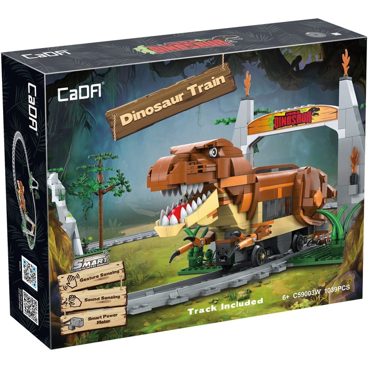 Set constructie CaDa - Circuitul de tren - Dinozaur, cu telecomanda, senzor de miscare si de sunet, 1039 piese
