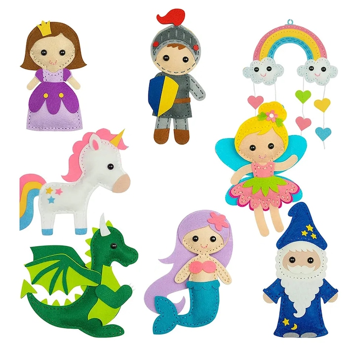 Set de cusut din fetru, activitati Montessori pentru copii, 8 figurine Disney Princess, Multicolor