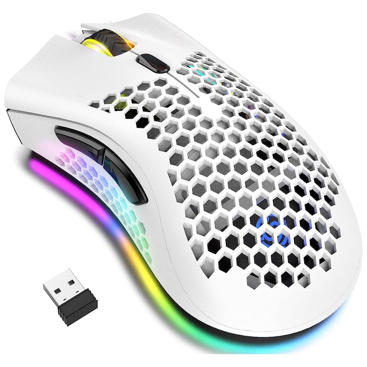 Mouse gaming wireless Timebox, ultrausor 95g, FastCharge, USB, 2.4 GHz, RGB Led, 2 Butoane Programabile, Alb